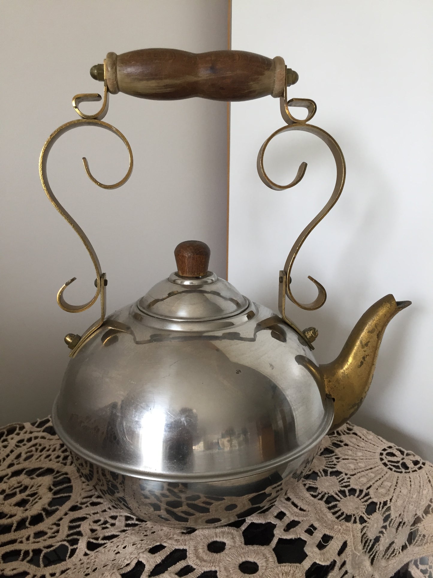Vintage Toddy Kettle Teapot with Wooden Handle Stainless Steel | Brass