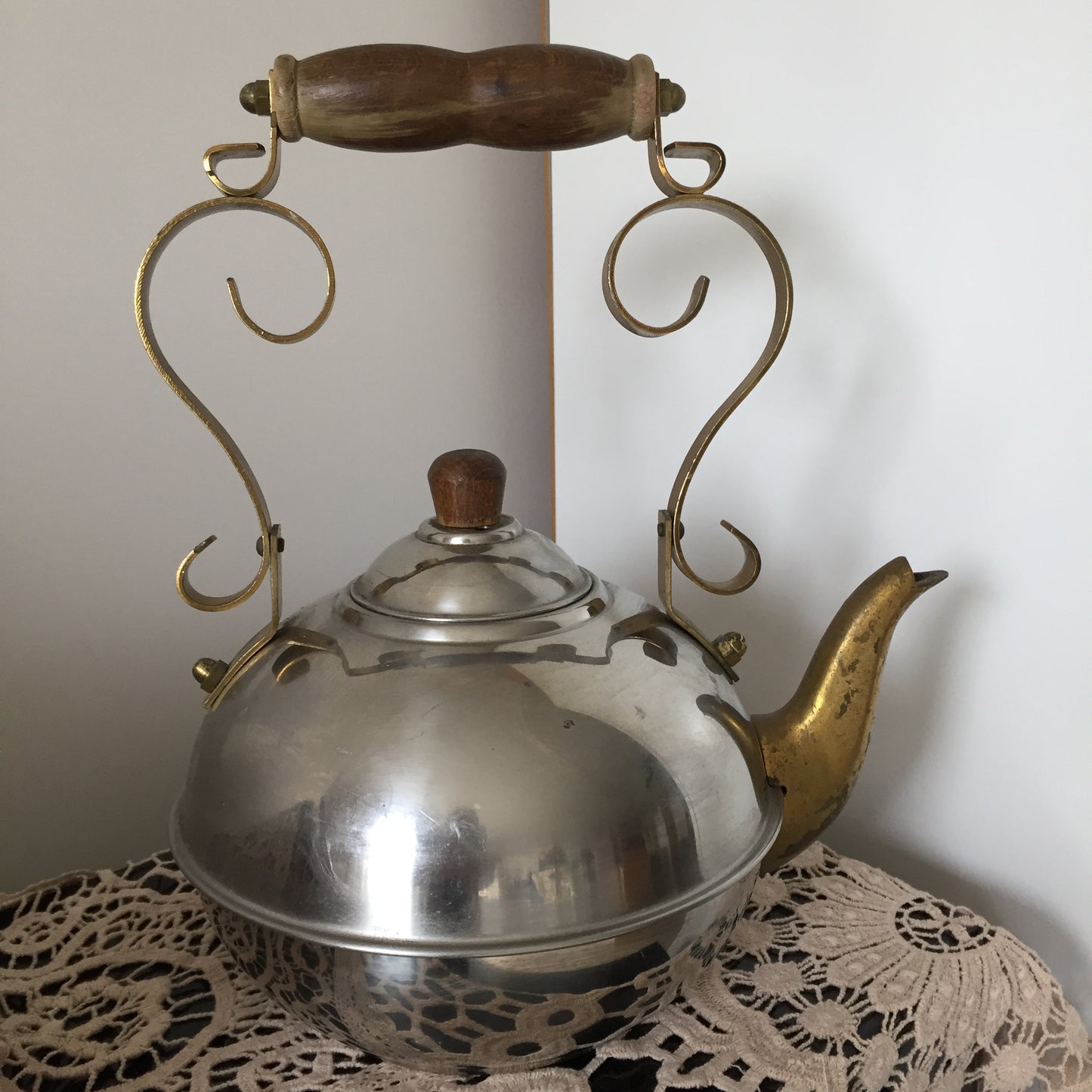 Vintage Toddy Kettle Teapot with Wooden Handle Stainless Steel | Brass