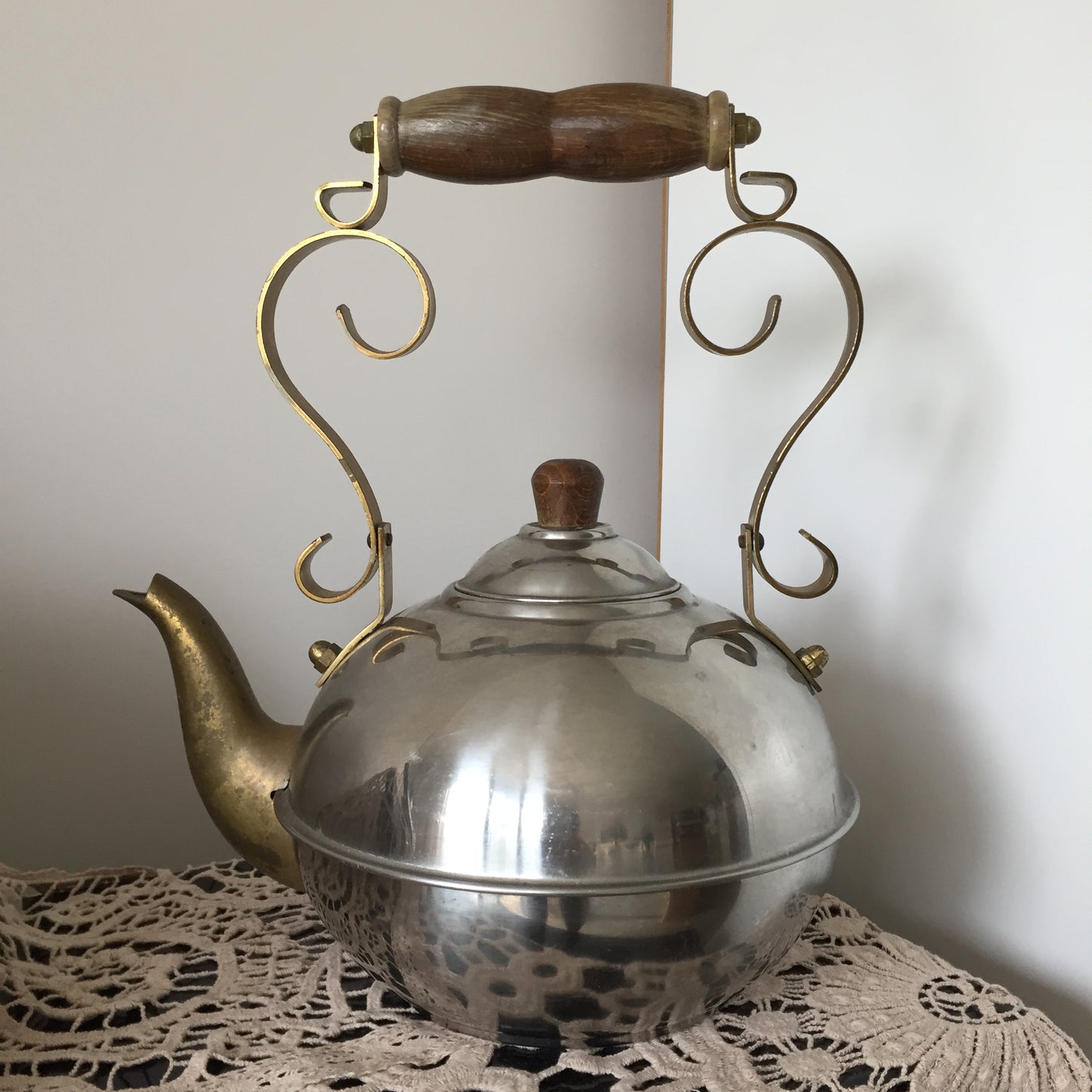 Vintage Toddy Kettle Teapot with Wooden Handle Stainless Steel | Brass