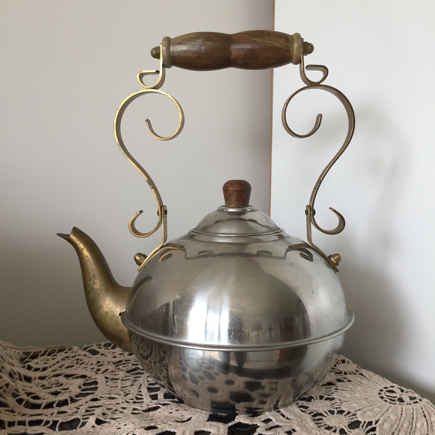 Vintage Toddy Kettle Teapot with Wooden Handle Stainless Steel | Brass