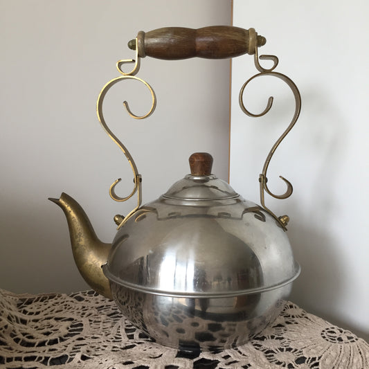 Vintage Toddy Kettle Teapot with Wooden Handle Stainless Steel | Brass