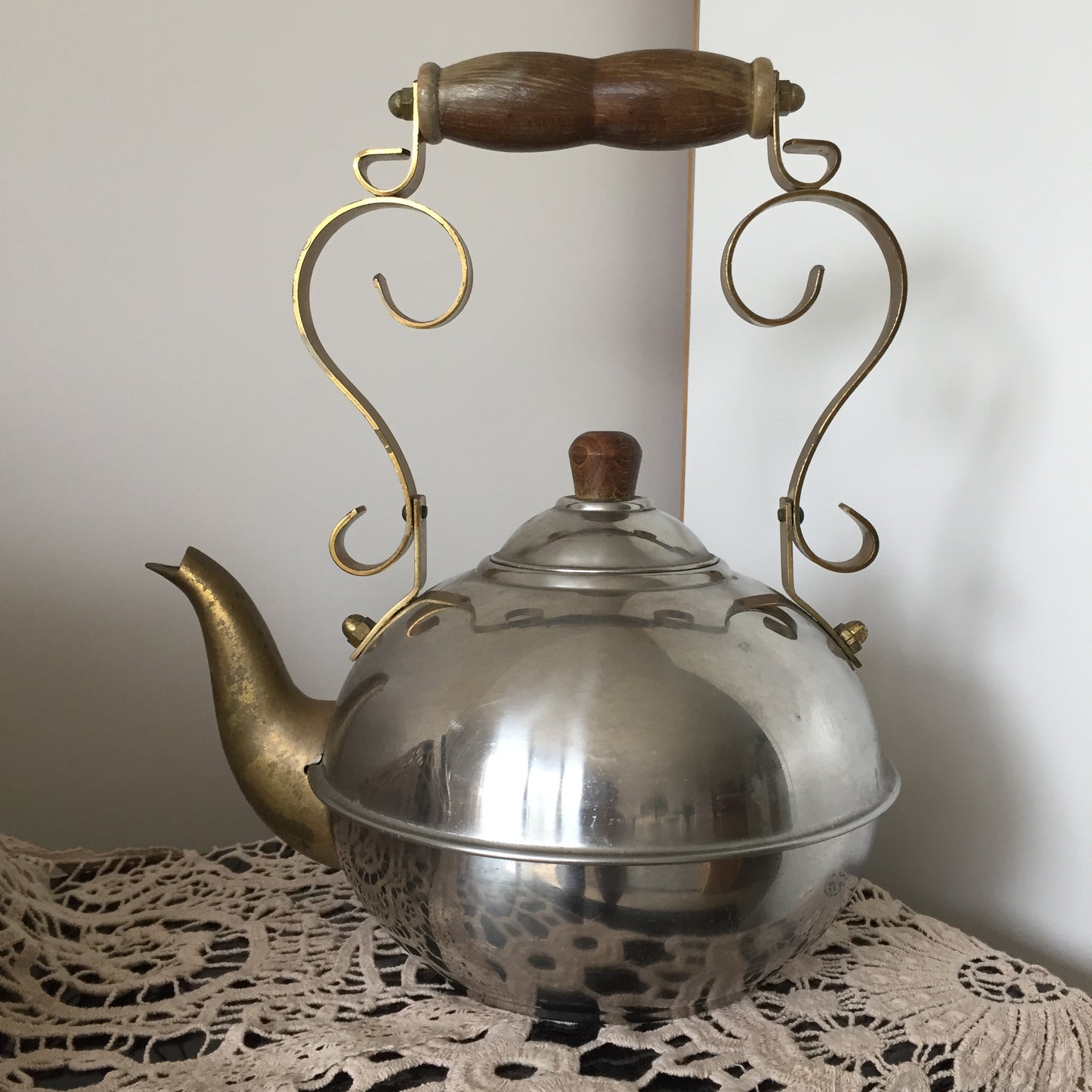 Vintage Toddy Kettle Teapot with Wooden Handle Stainless Steel | Brass