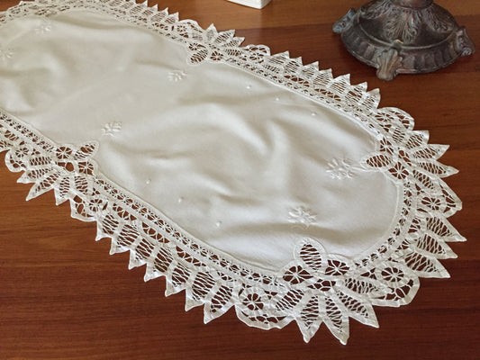 Vintage Hand Embroidered White Cotton & Battenburg Lace Table Runner