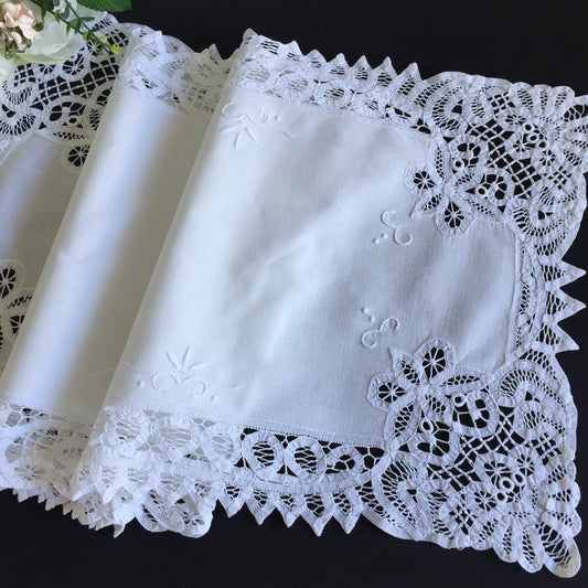 Vintage Hand Embroidered White Cotton & Battenburg Lace Table Runner