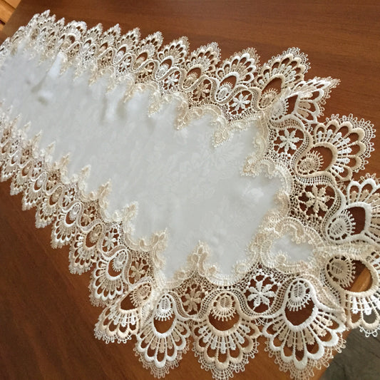 1990s Vintage Satin Brocade and Polyester Lace Beige Table Runner
