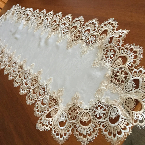 1990s Vintage Satin Brocade and Polyester Lace Beige Table Runner
