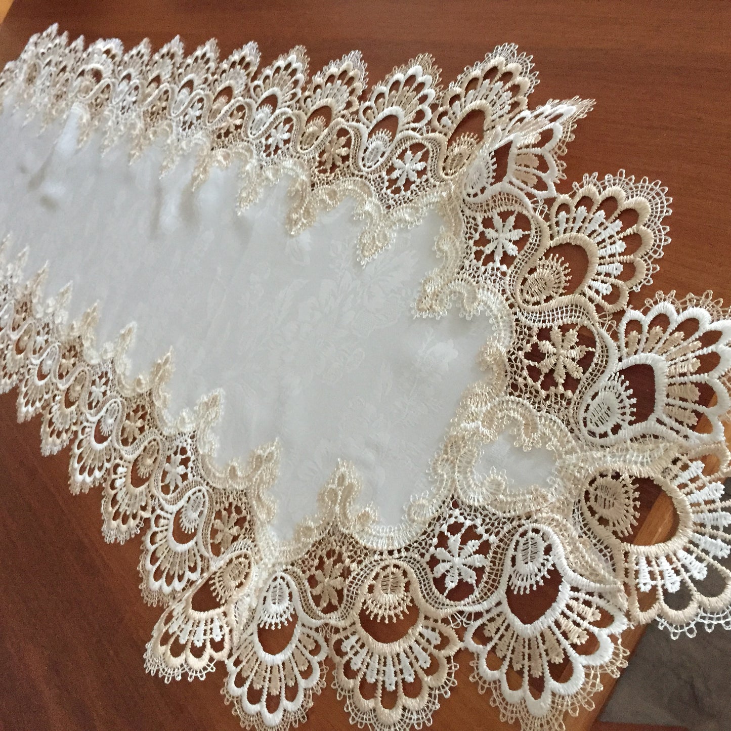 1990s Vintage Satin Brocade and Polyester Lace Beige Table Runner