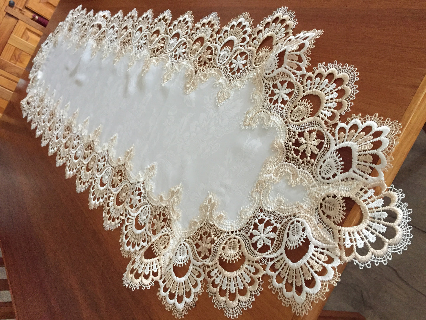 1990s Vintage Satin Brocade and Polyester Lace Beige Table Runner