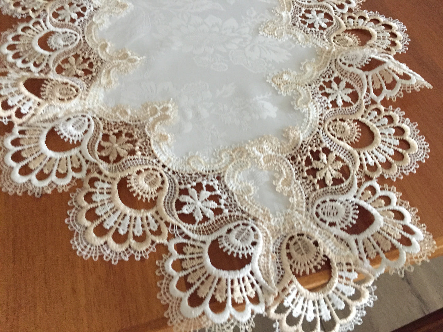 1990s Vintage Satin Brocade and Polyester Lace Beige Table Runner