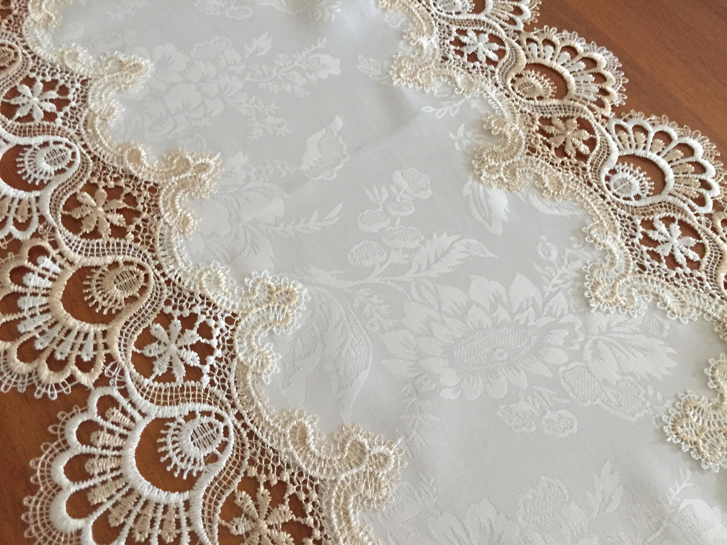 1990s Vintage Satin Brocade and Polyester Lace Beige Table Runner