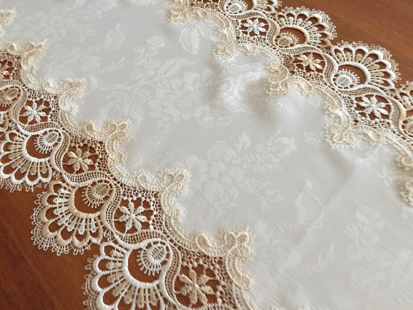 1990s Vintage Satin Brocade and Polyester Lace Beige Table Runner