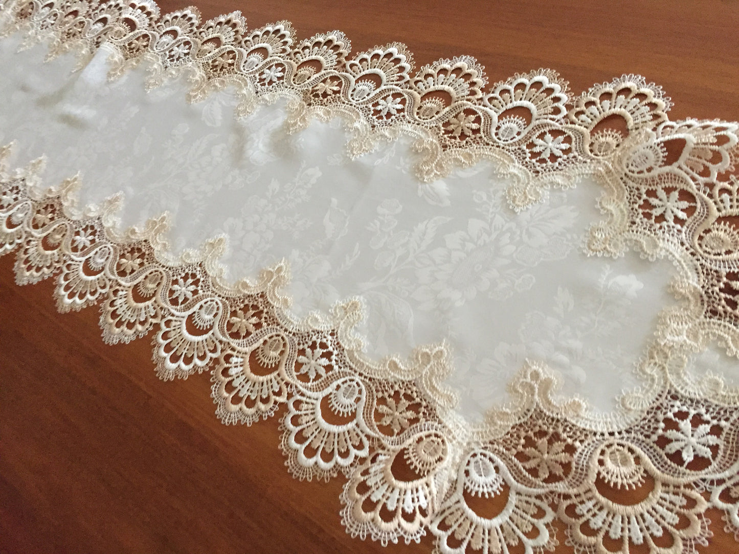 1990s Vintage Satin Brocade and Polyester Lace Beige Table Runner