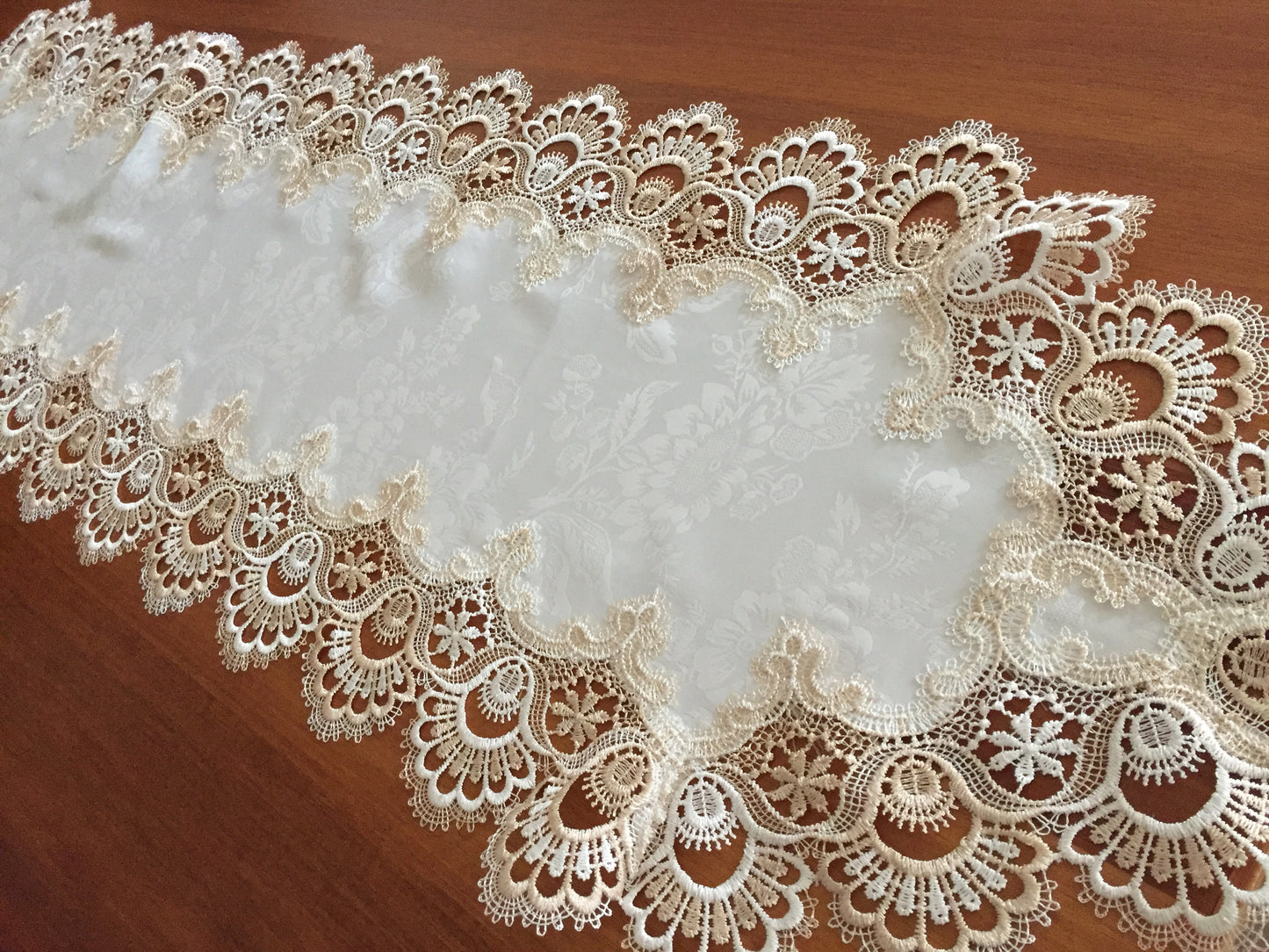 1990s Vintage Satin Brocade and Polyester Lace Beige Table Runner