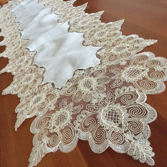 Satin Brocade & Polyester Lace Beige Table Runner 1990s Vintage Wedding Decor