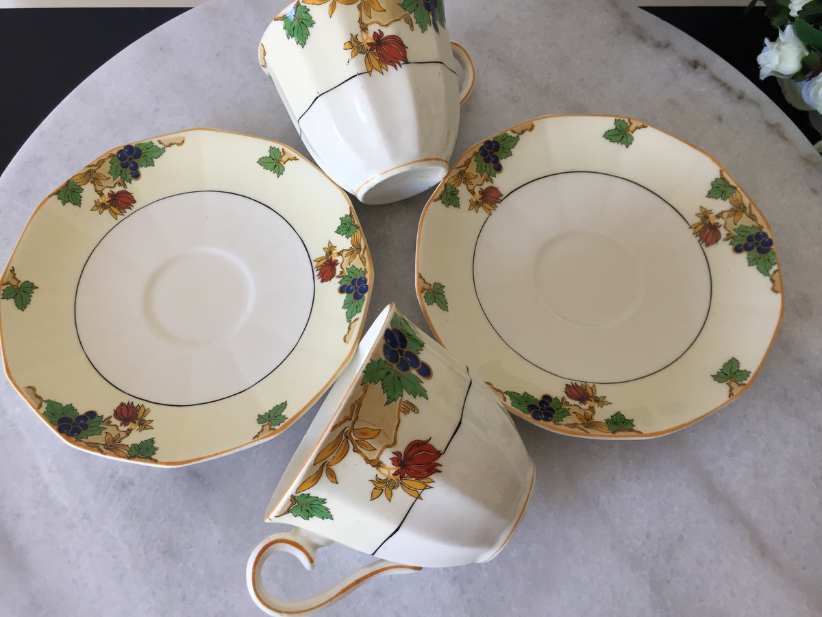 Myott Teacup and Saucer Set for Two 1930s Vintage Art Deco Autumn Pattern, Rare