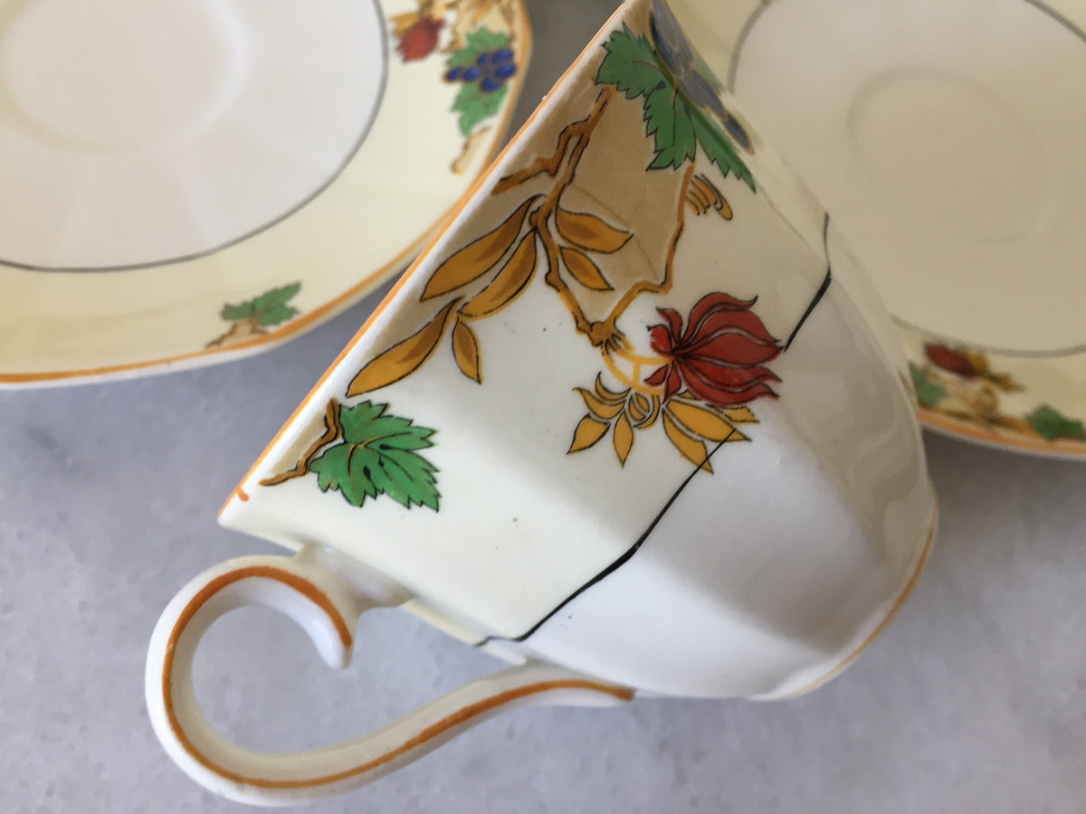 Myott Teacup and Saucer Set for Two 1930s Vintage Art Deco Autumn Pattern, Rare