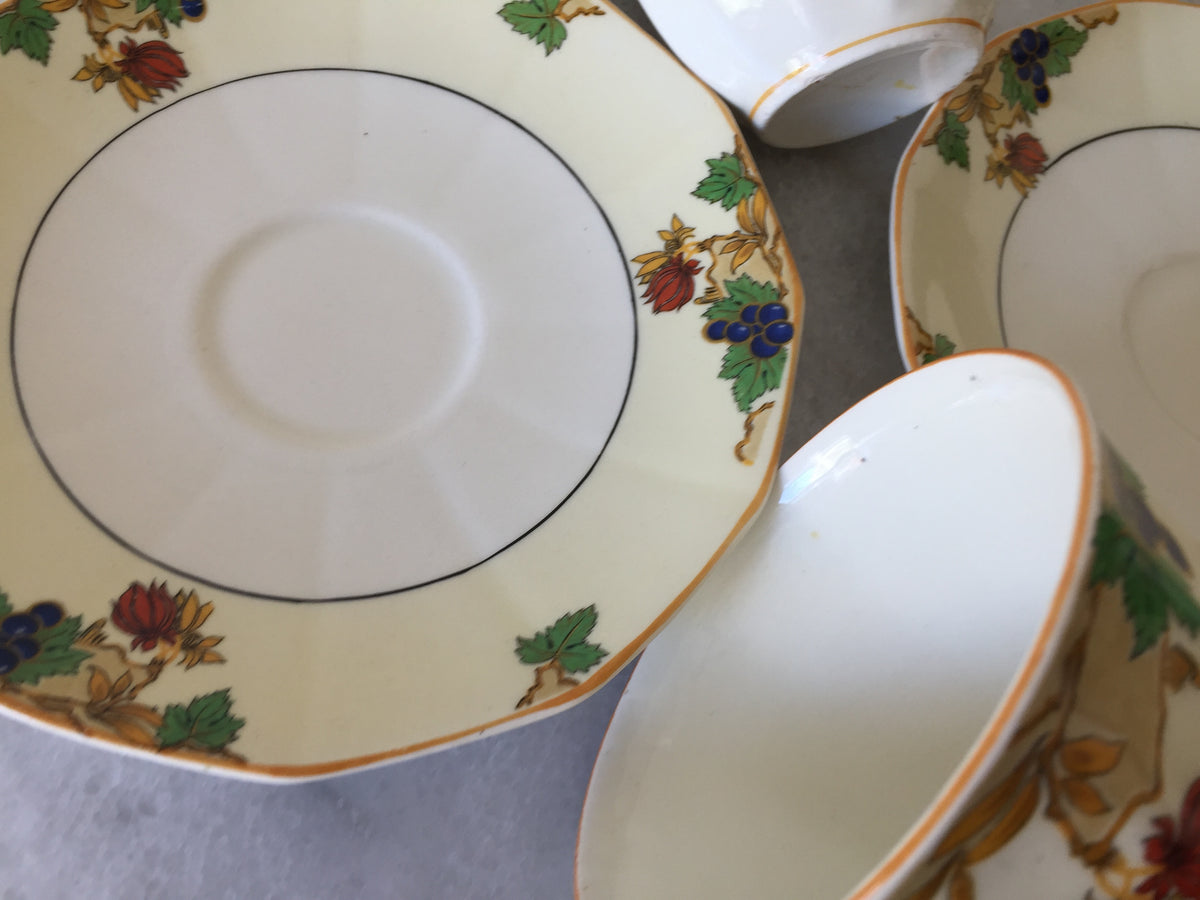 Myott Teacup and Saucer Set for Two 1930s Vintage Art Deco Autumn Pattern, Rare