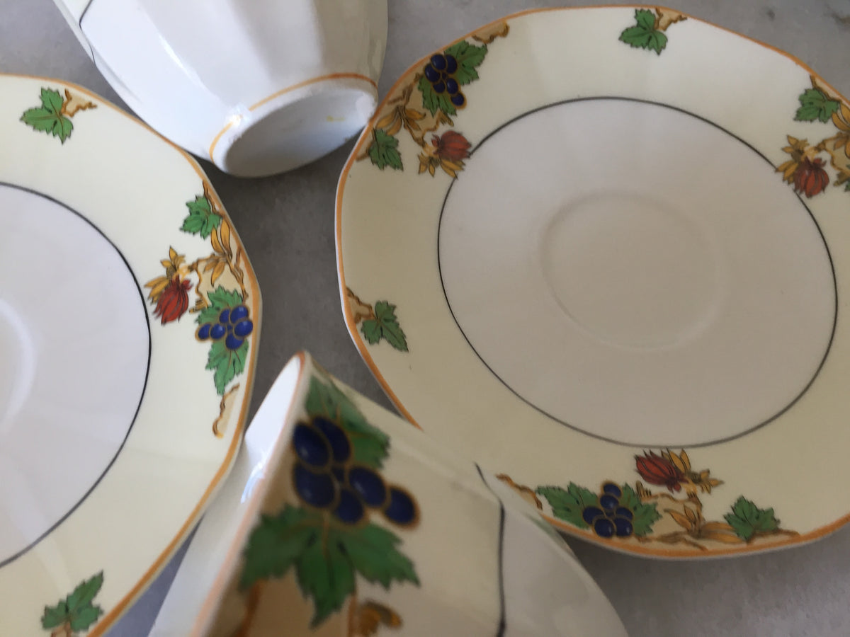 Myott Teacup and Saucer Set for Two 1930s Vintage Art Deco Autumn Pattern, Rare