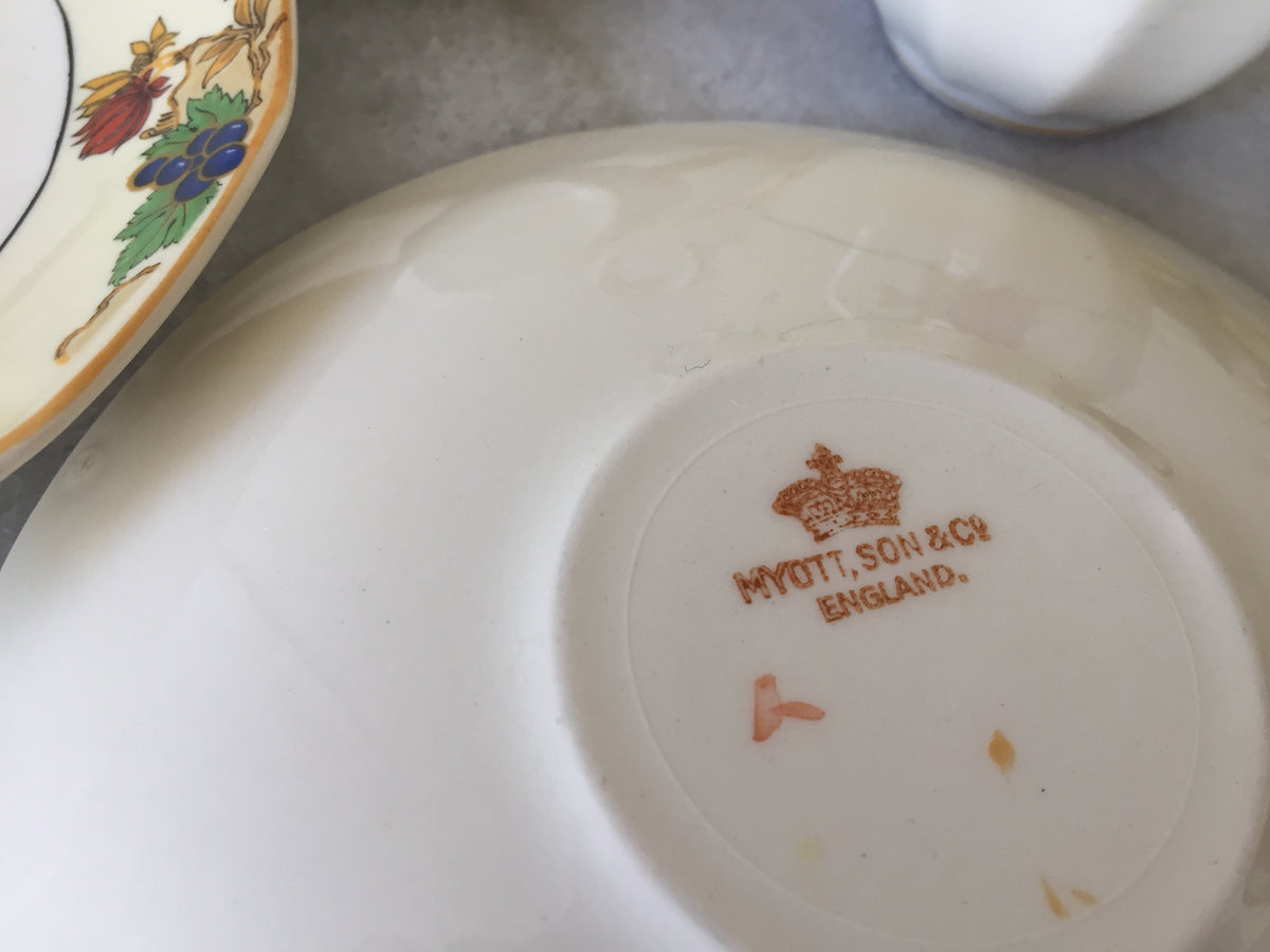 Myott Teacup and Saucer Set for Two 1930s Vintage Art Deco Autumn Pattern, Rare