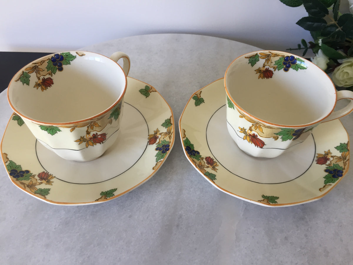 Myott Teacup and Saucer Set for Two 1930s Vintage Art Deco Autumn Pattern, Rare