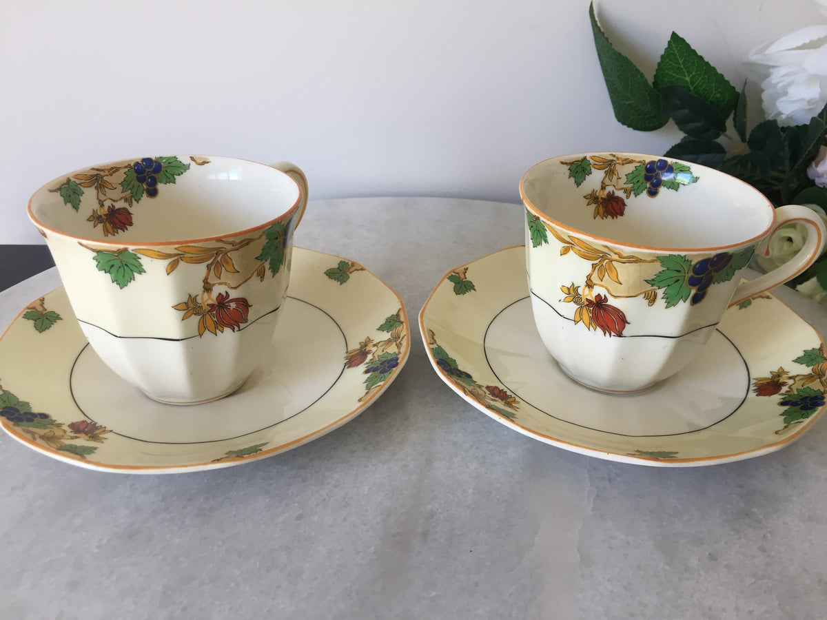Myott Teacup and Saucer Set for Two 1930s Vintage Art Deco Autumn Pattern, Rare