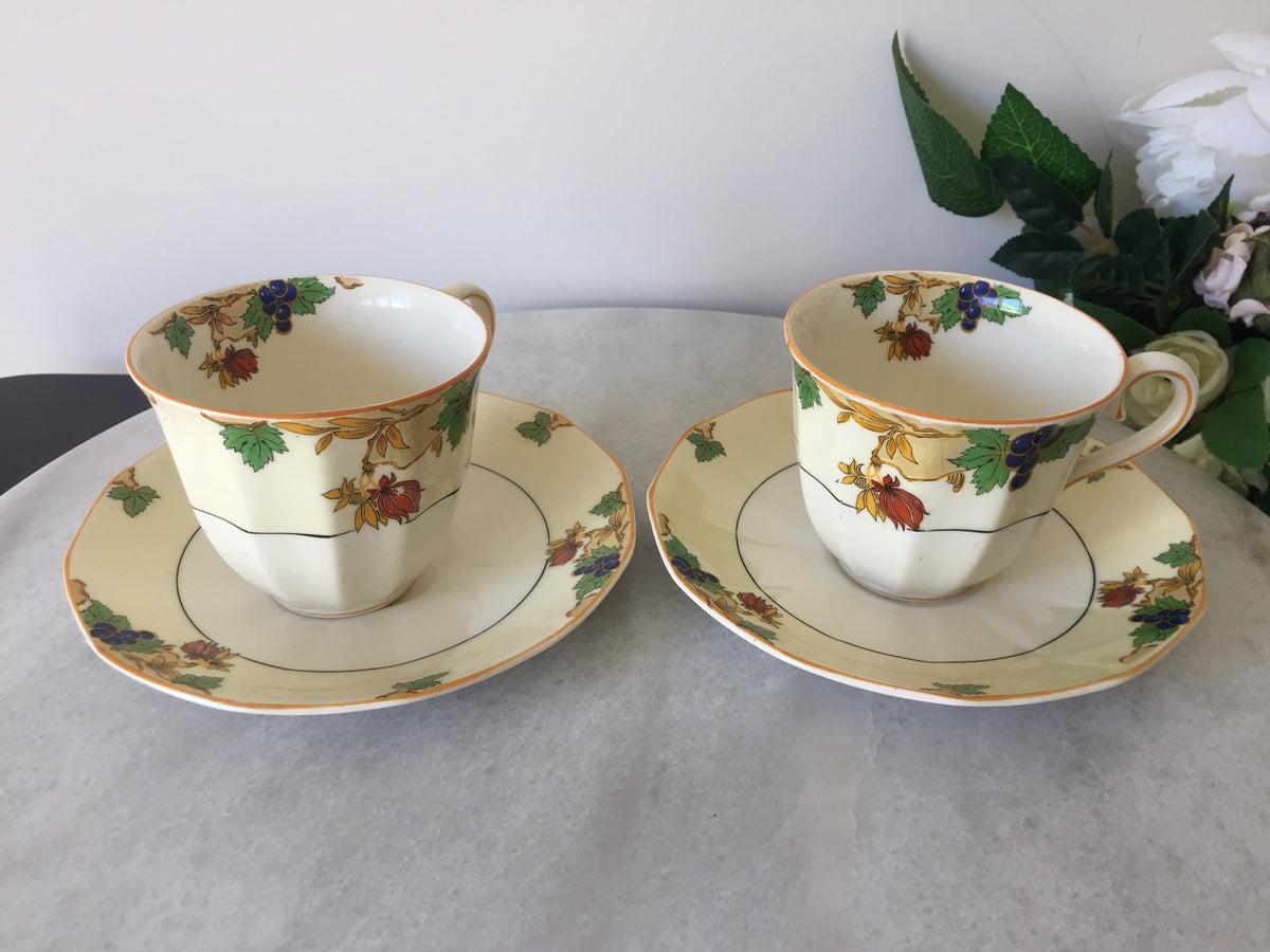 Myott Teacup and Saucer Set for Two 1930s Vintage Art Deco Autumn Pattern, Rare