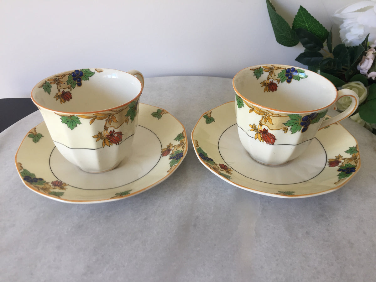 Myott Teacup and Saucer Set for Two 1930s Vintage Art Deco Autumn Pattern, Rare