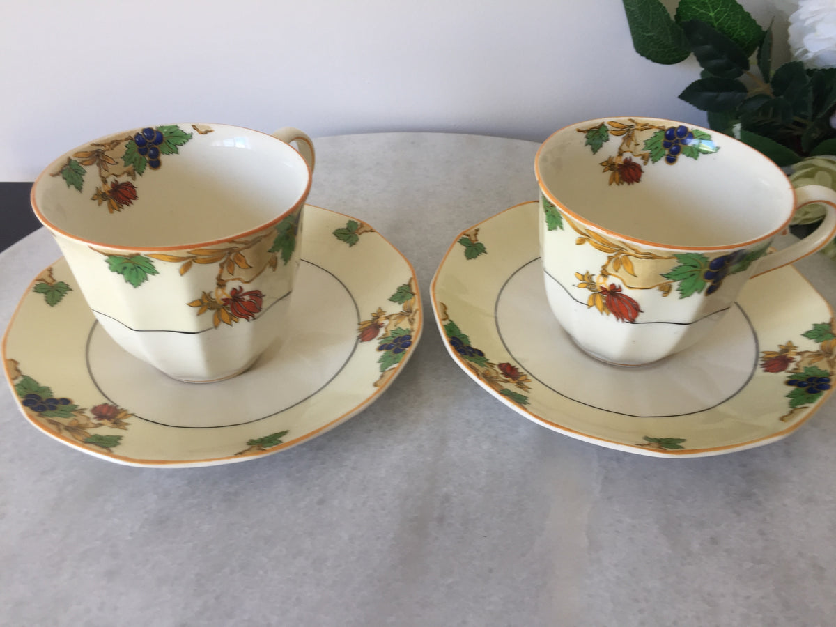 Myott Teacup and Saucer Set for Two 1930s Vintage Art Deco Autumn Pattern, Rare