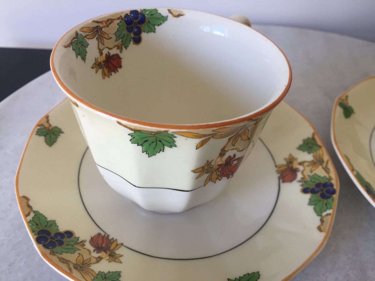 Myott Teacup and Saucer Set for Two 1930s Vintage Art Deco Autumn Pattern, Rare