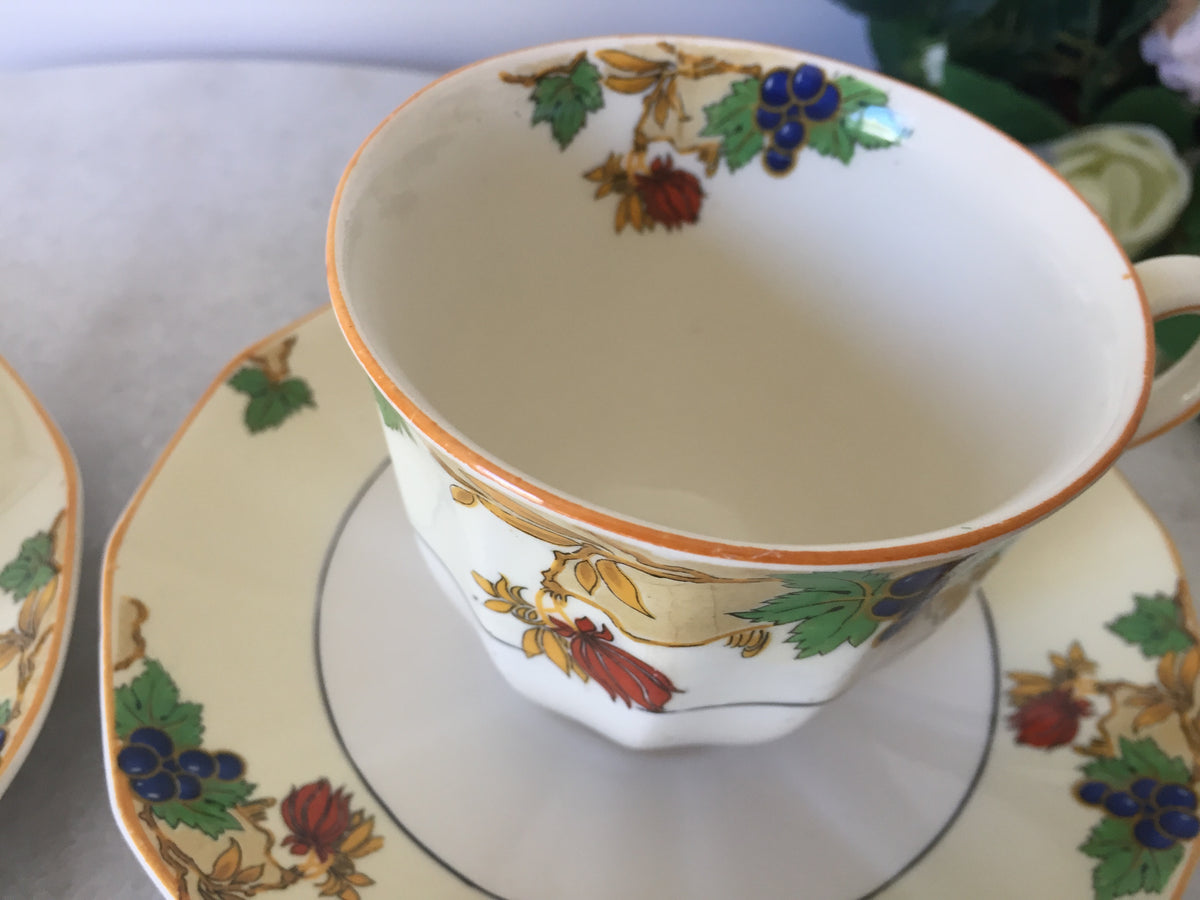 Myott Teacup and Saucer Set for Two 1930s Vintage Art Deco Autumn Pattern, Rare
