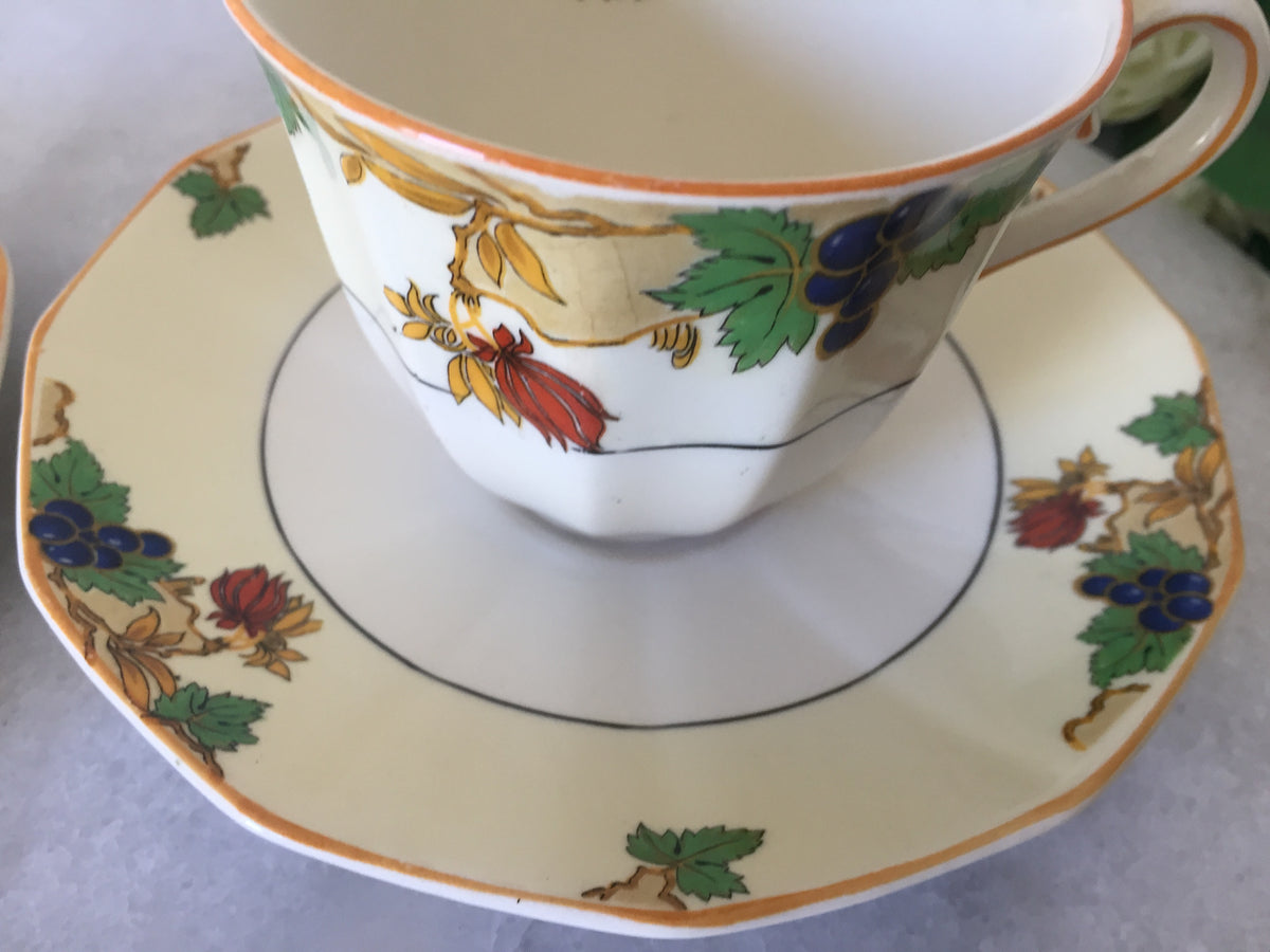 Myott Teacup and Saucer Set for Two 1930s Vintage Art Deco Autumn Pattern, Rare