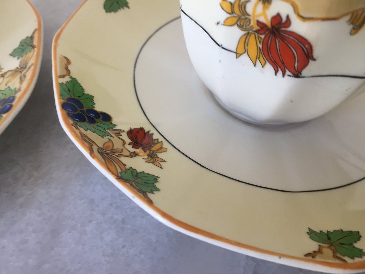 Myott Teacup and Saucer Set for Two 1930s Vintage Art Deco Autumn Pattern, Rare