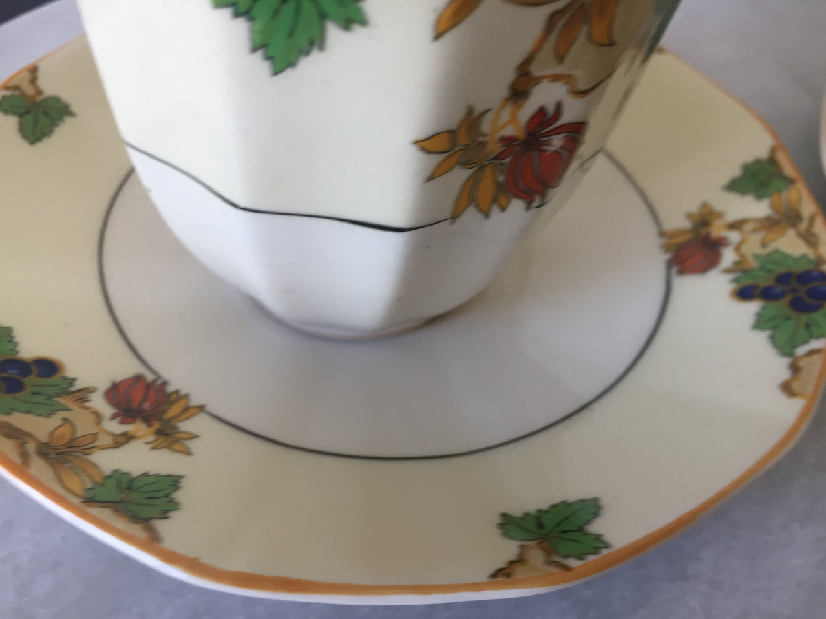 Myott Teacup and Saucer Set for Two 1930s Vintage Art Deco Autumn Pattern, Rare