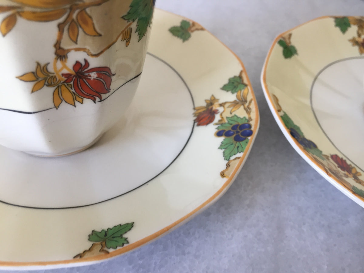 Myott Teacup and Saucer Set for Two 1930s Vintage Art Deco Autumn Pattern, Rare