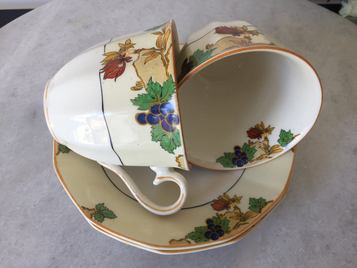 Myott Teacup and Saucer Set for Two 1930s Vintage Art Deco Autumn Pattern, Rare