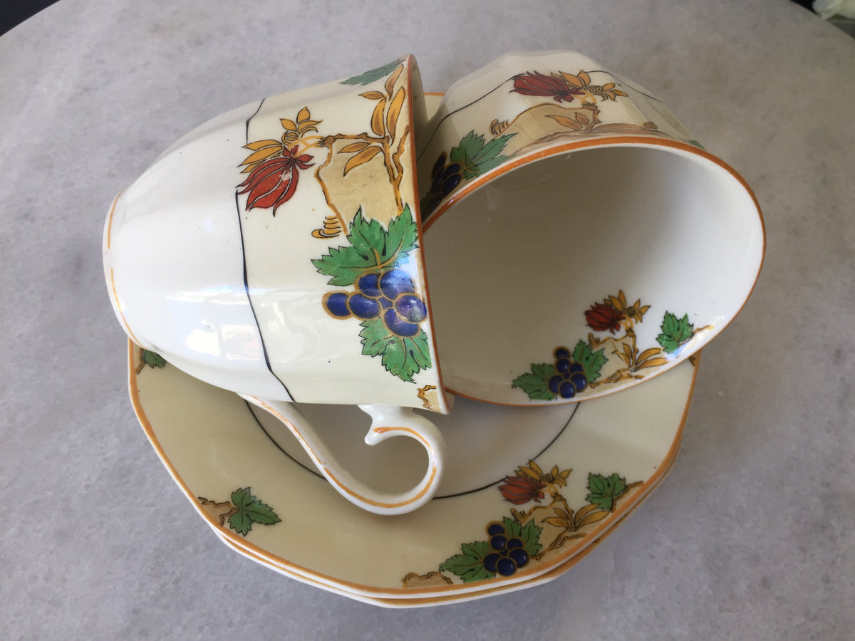 Myott Teacup and Saucer Set for Two 1930s Vintage Art Deco Autumn Pattern, Rare