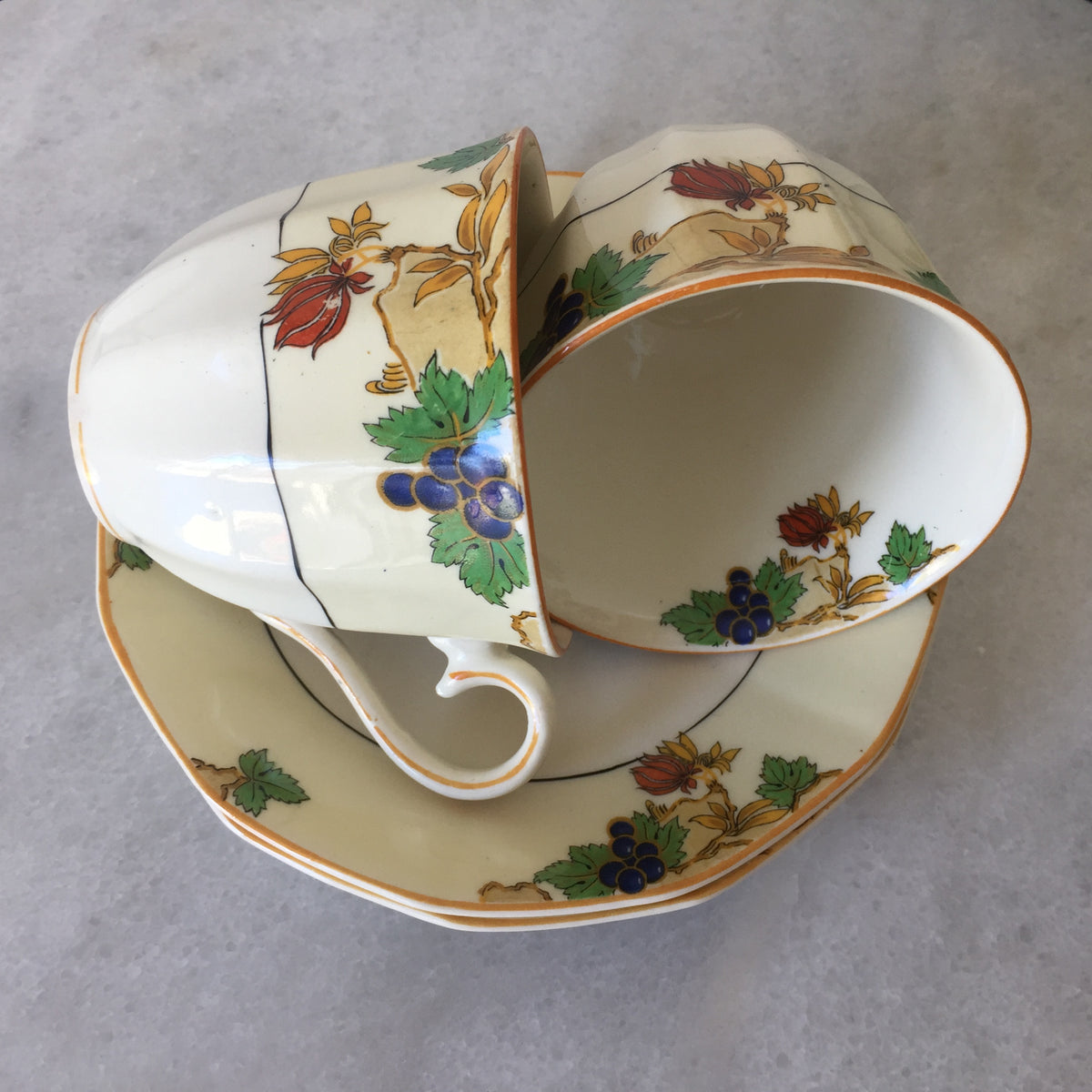 Myott Teacup and Saucer Set for Two 1930s Vintage Art Deco Autumn Pattern, Rare