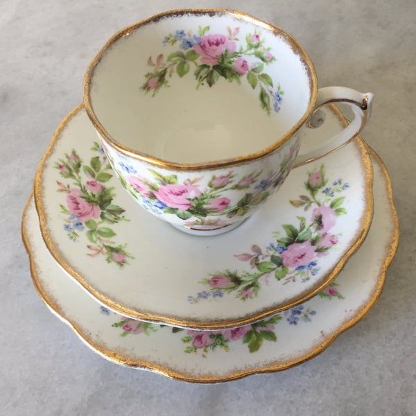Vintage Moss Rose Teacup and Saucer, English Porcelain, Pink Roses, Blue Forget-Me-Nots