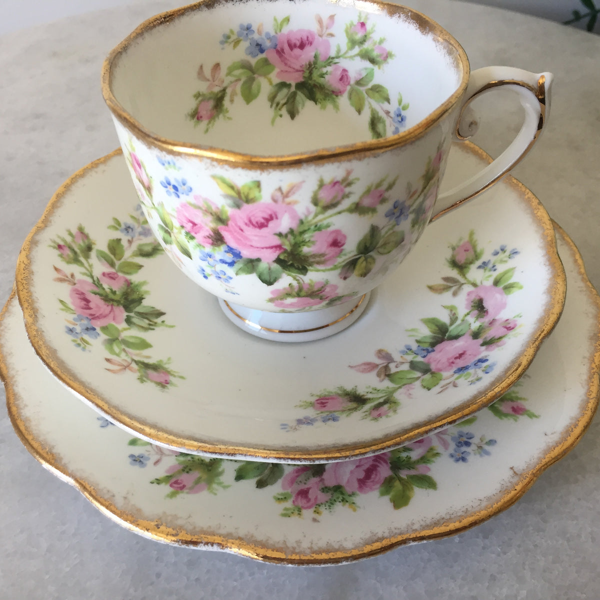 Vintage Moss Rose Teacup and Saucer, English Porcelain, Pink Roses, Blue Forget-Me-Nots