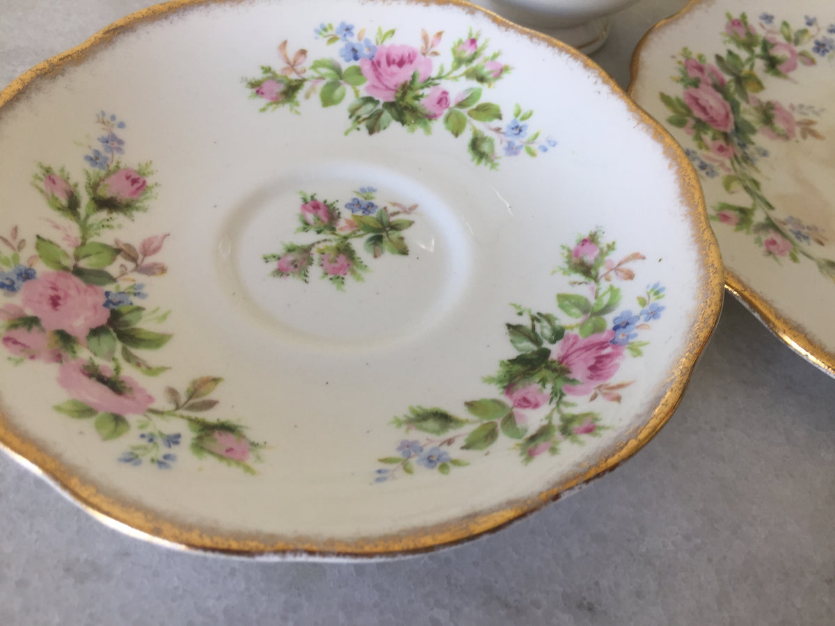 Vintage Moss Rose Teacup and Saucer, English Porcelain, Pink Roses, Blue Forget-Me-Nots