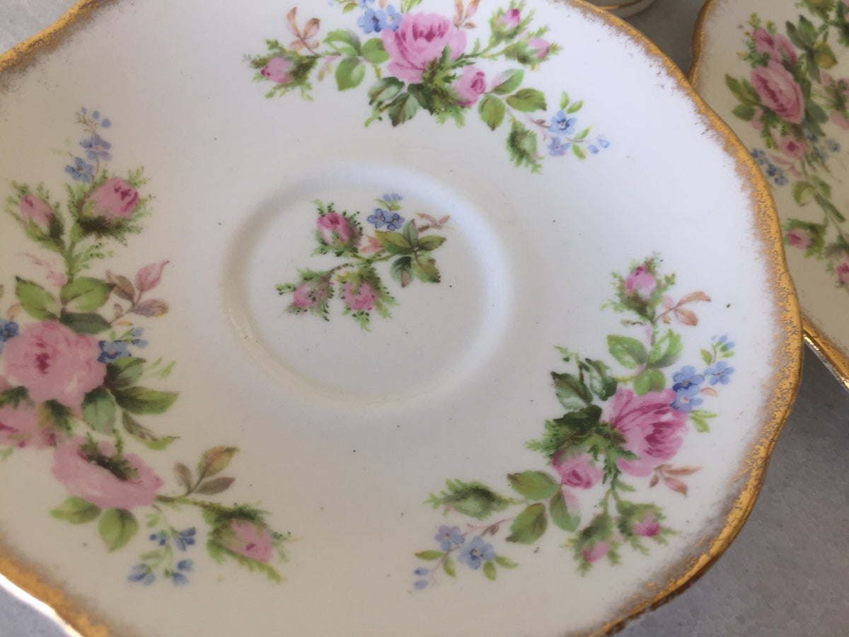 Vintage Moss Rose Teacup and Saucer, English Porcelain, Pink Roses, Blue Forget-Me-Nots