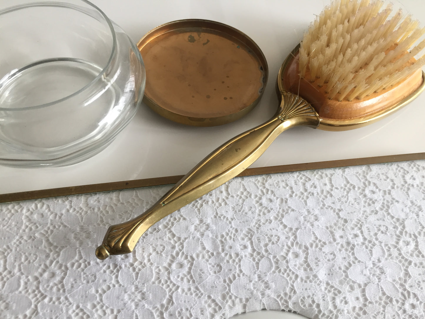 Red Roses, White Lace, Brass & Glass 3 Pce Vanity Set: Tray, Jar & Brush Mid Century Vintage
