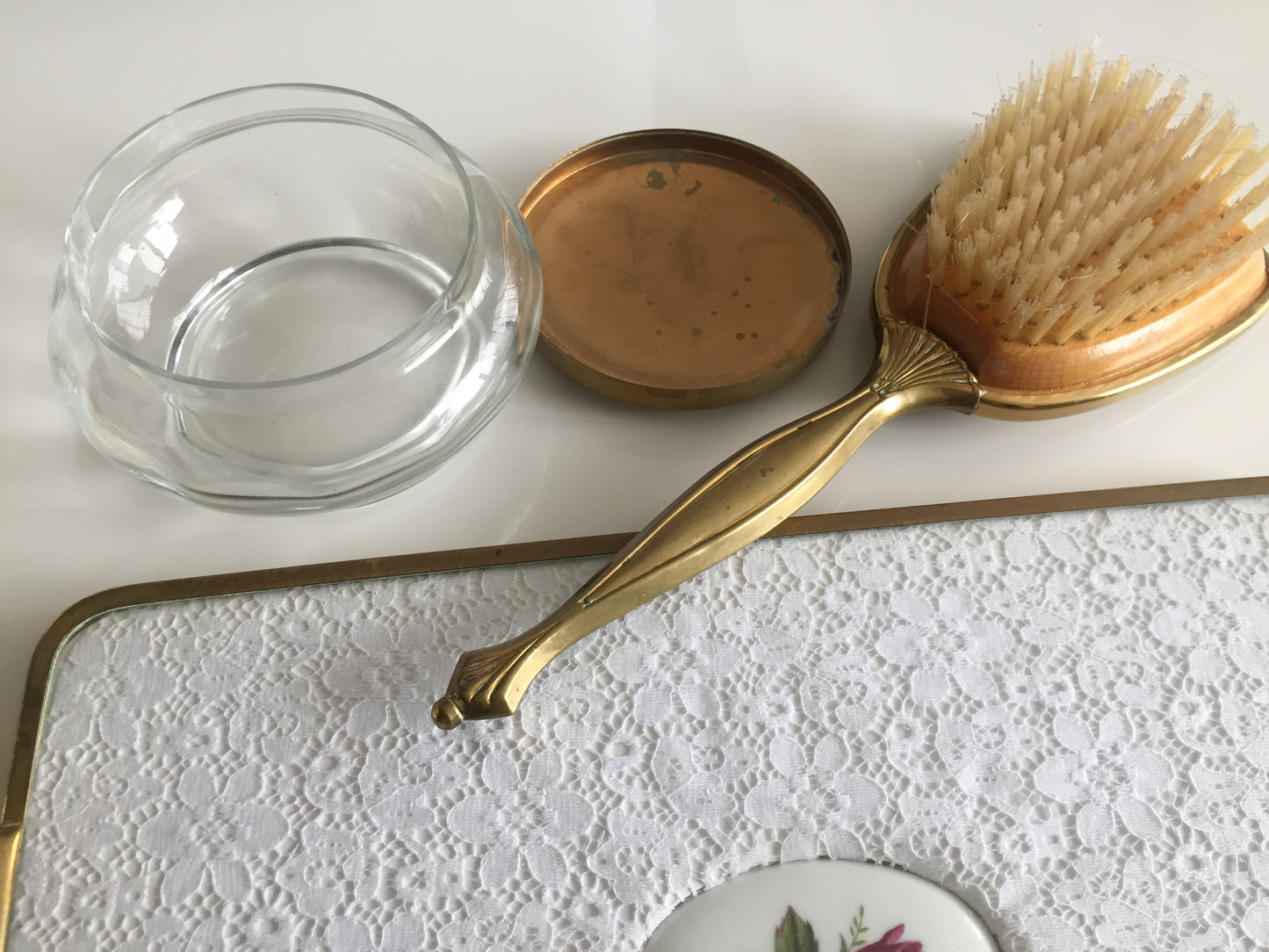 Red Roses, White Lace, Brass & Glass 3 Pce Vanity Set: Tray, Jar & Brush Mid Century Vintage