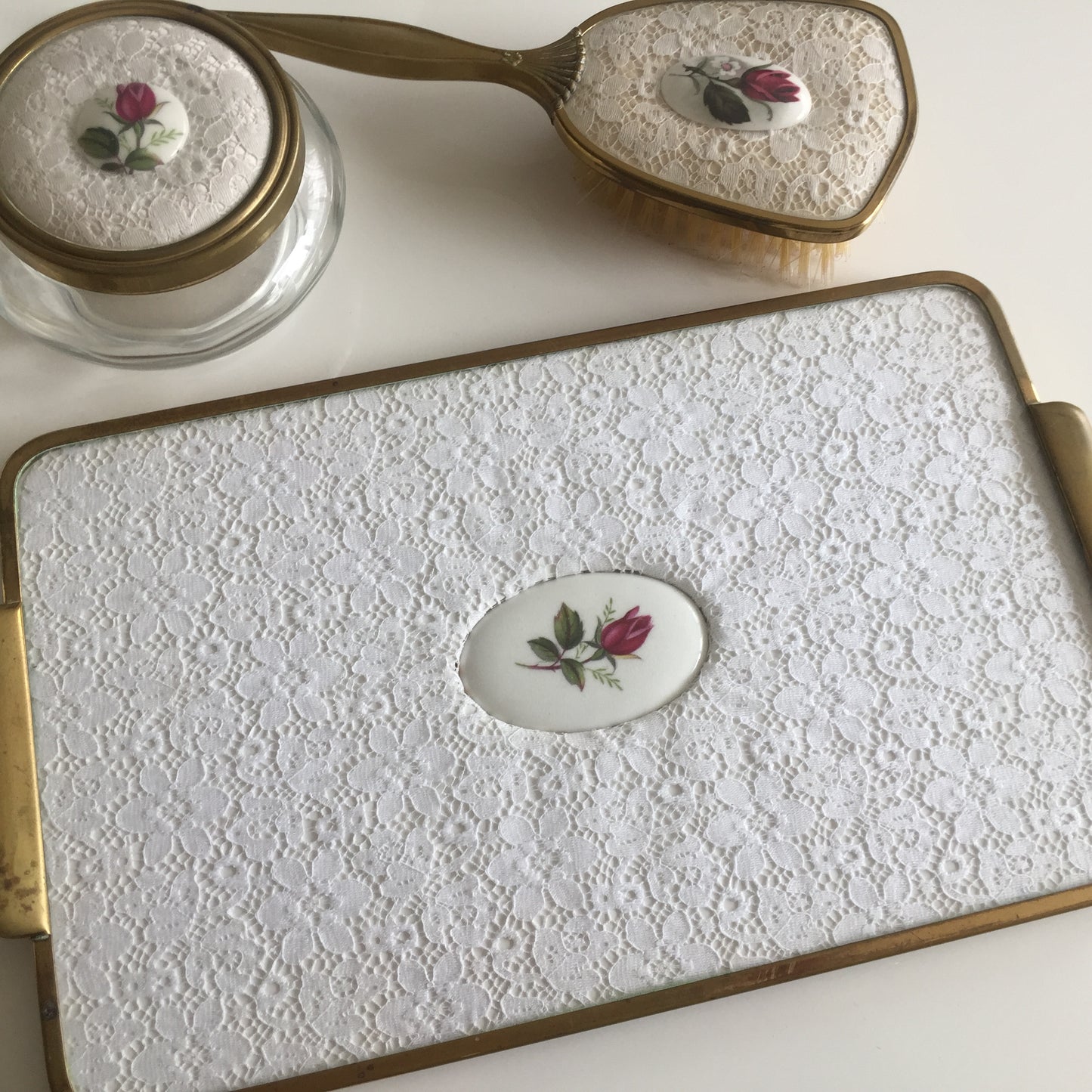Red Roses, White Lace, Brass & Glass 3 Pce Vanity Set: Tray, Jar & Brush Mid Century Vintage