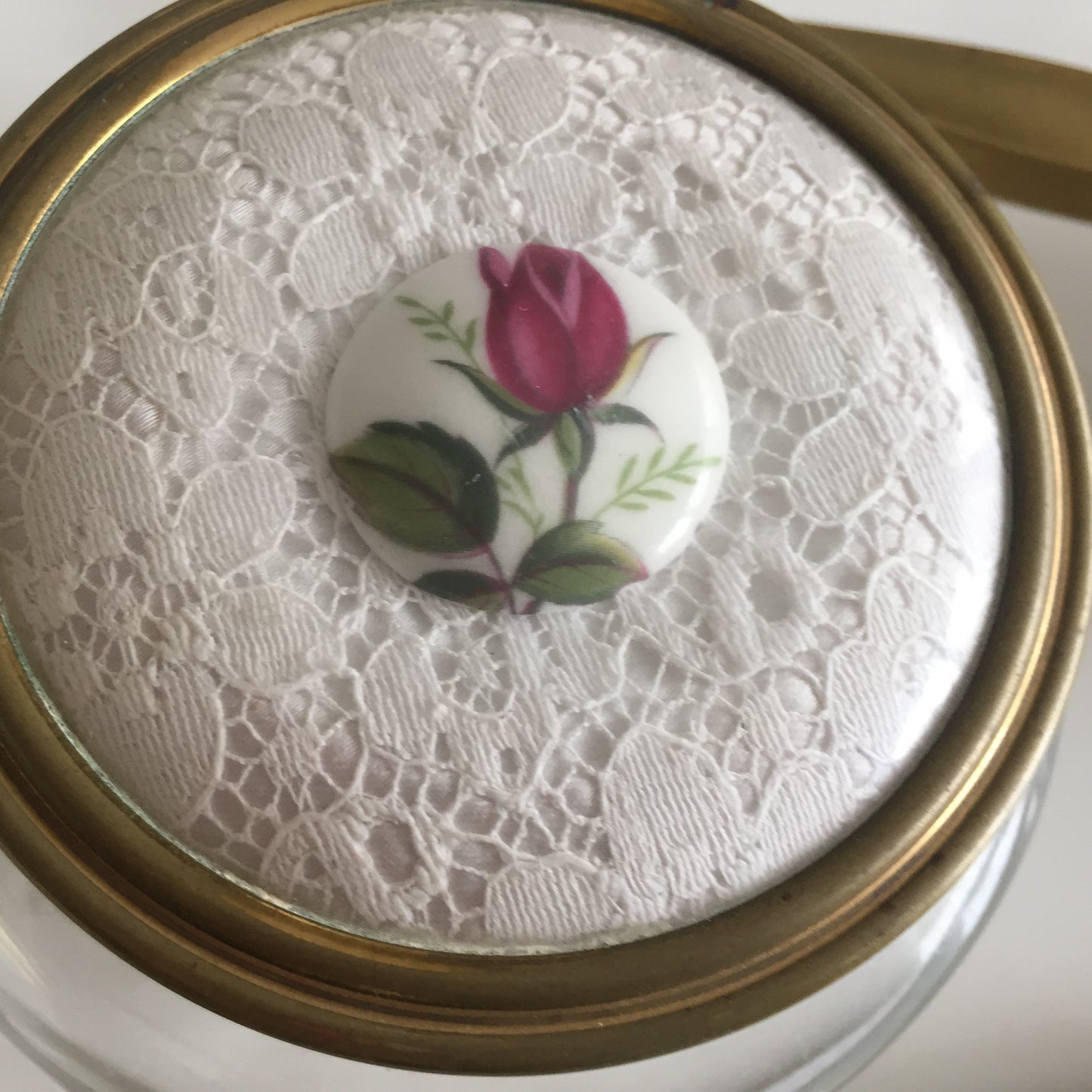 Red Roses, White Lace, Brass & Glass 3 Pce Vanity Set: Tray, Jar & Brush Mid Century Vintage