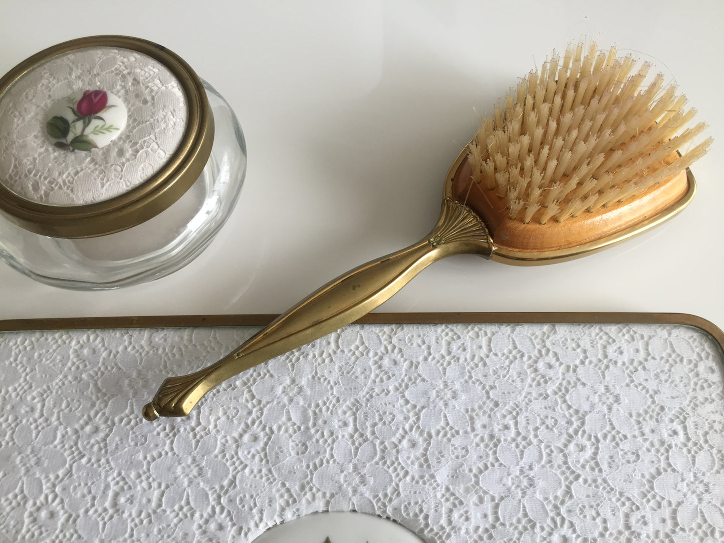 Red Roses, White Lace, Brass & Glass 3 Pce Vanity Set: Tray, Jar & Brush Mid Century Vintage