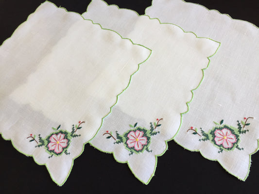 A Trio of Hand Embroidered Vintage Linen Napkins