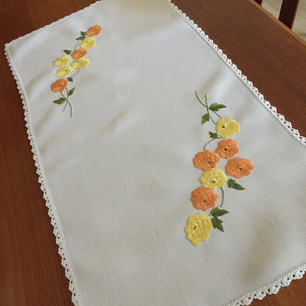 1940s Vintage Hand Embroidered Table Centre Doily with Yellow Zinnias Pattern