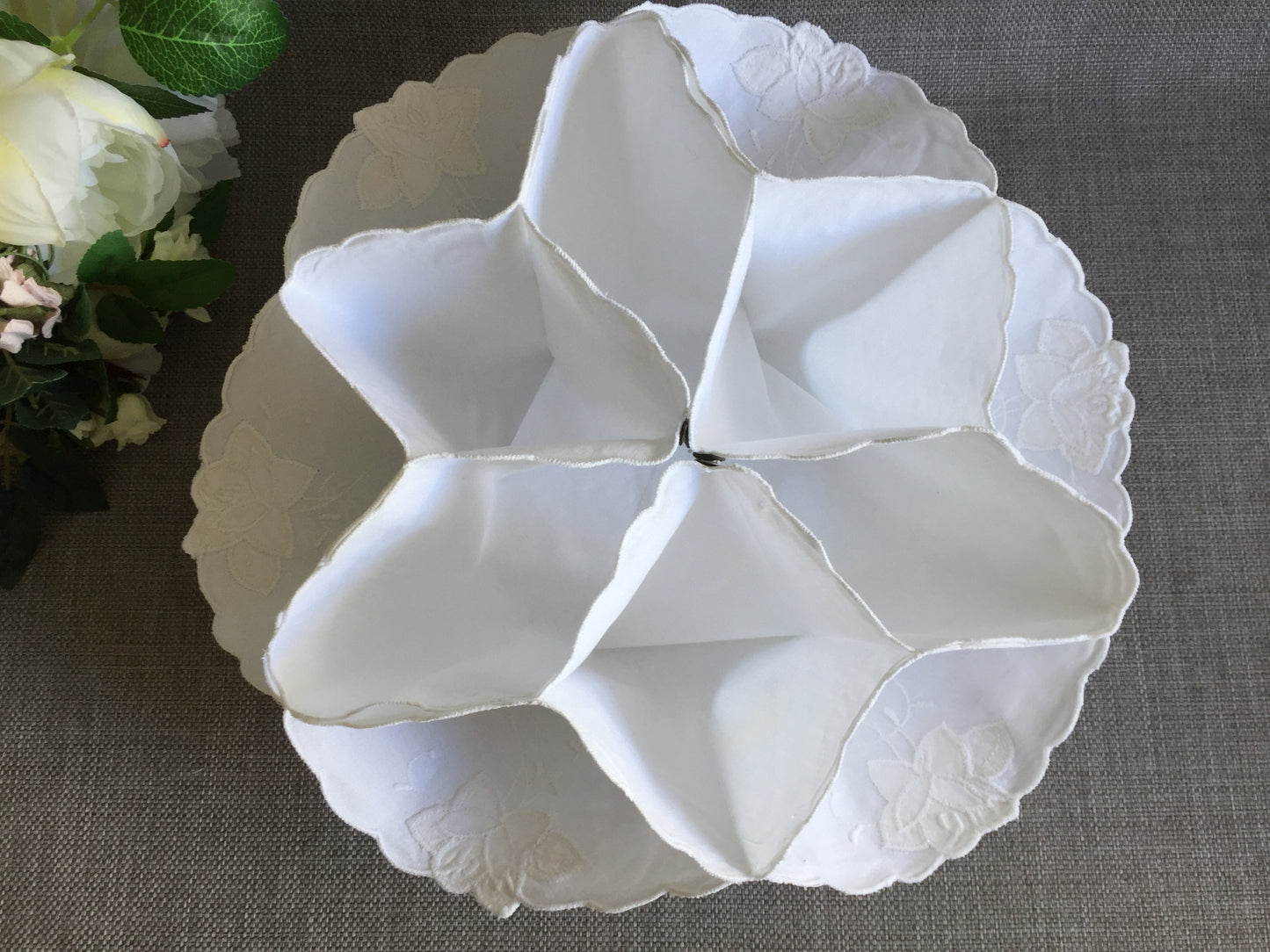 White Cotton Vintage Floral Applique Embroidered Bread Roll | Scone Holder