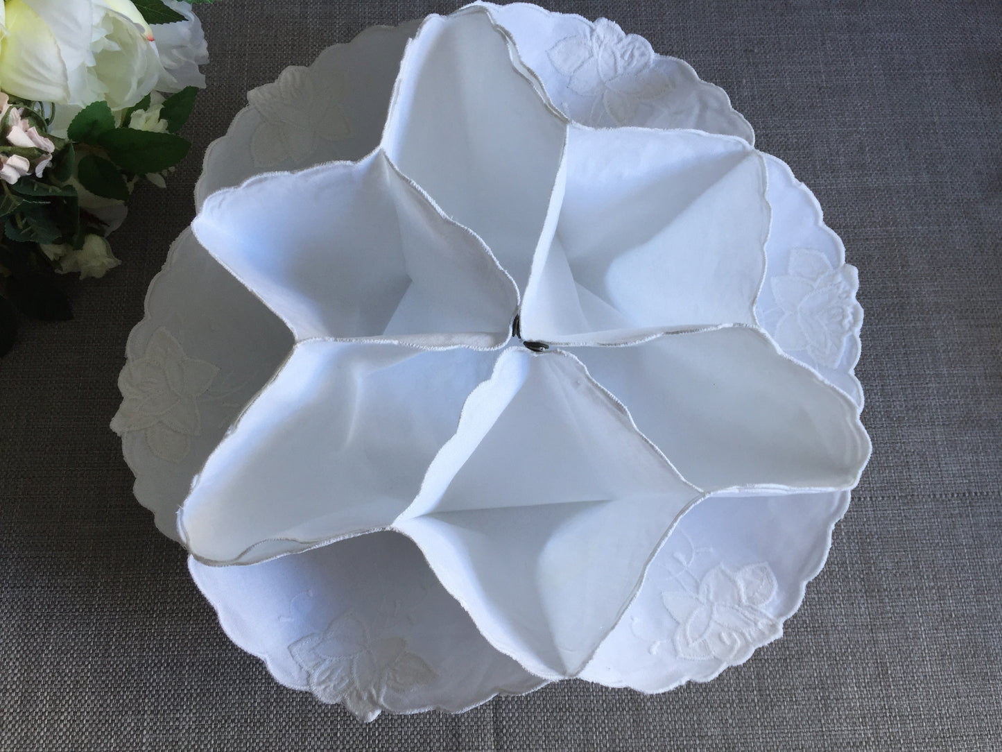 White Cotton Vintage Floral Applique Embroidered Bread Roll | Scone Holder